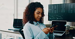Phone, programmer and typing with business woman in office for app developer, research and code project. Software engineer, backend system and update with person in tech startup for database