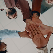 Group, people and meeting with handstack in office for teamwork ...