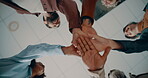 Group, people and meeting with handstack in office for teamwork, agreement and motivation. Below staff and hands together for collaboration vote, company huddle and employees support for solidarity
