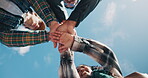 Hands together, support and applause with students on blue sky for team, solidarity and college future. Community, success and University friends or people on campus for low angle and scholarship