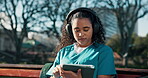 Music, doctor and tablet with student in college for streaming service, medical residency and relax. Radio subscription, healthcare intern and scroll with woman listening to headphones for study song