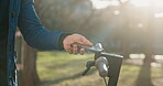 Hands, person and scan smartphone on electric scooter for NFC unlock, user verification or travel. Park, man or tech on eco friendly transport for authentication system, ride security and connection