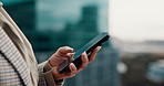 Hands, phone and texting on balcony with scroll, contact and notification for networking in city. Person, smartphone and click with mobile application, web chat or social media with post on rooftop
