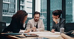 Meeting, talk and people with documents, boardroom and planning for property development or project. Business, real estate developer and paperwork for market research, group and funding potential