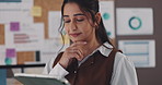 Tablet, thinking and business woman in office with investment solution, planning or review chart. Tech, financial analyst or problem solving with idea, insight or reading stats for trend analysis