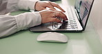 Hands, laptop and mouse with business person at desk in office for feedback, report or review. Computer, keyboard and typing with employee in professional workplace for agenda, schedule or planning