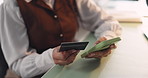 Hands, phone and credit card for payment, transaction or banking in office. Fintech, smartphone and person for online shopping, internet sales and customer for digital finance app and technology