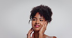 Skincare, thinking and black woman in studio, smile and dermatology on white background. Space, cosmetics and person with healthy skin, wellness and beauty with anti aging, aesthetic and confidence