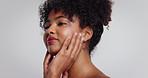 Skincare, thinking and black woman in studio, glow and healthy skin on white background. Space, grooming and person with cosmetics, wellness and treatment with beauty, aesthetic and dermatology