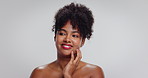 Skincare, beauty and black woman in studio with natural, wellness or facial glow with cosmetics. Mockup space, happy and African female person with face dermatology for health by white background.