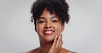 Face, beauty and woman for skincare in studio with natural makeup, glowing skin and dermatology. Mockup space, african girl and smile on white background for hydration treatment results and self care