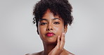 Face, makeup and black woman in studio, shine and confidence on white background. Space, foundation and person with cosmetics, wellness and aesthetic with glow, skincare and beauty with dermatology