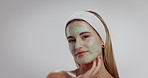 Mud mask, beauty and face of woman in studio with natural, wellness or health with cosmetics. Clay, skincare and portrait of female person with facial product for dermatology by white background.