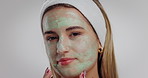 Mud mask, health and face of woman in studio with natural, wellness or skincare with cosmetics. Clay, detox and portrait of female person with facial product for dermatology by white background.