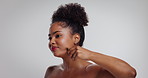 African woman, gua sha and beauty in studio for massage, circulation and benefits on white background. Girl, skincare and tools with mockup space, self care or smile with dermatology for natural glow