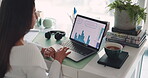 Laptop, analysis or woman in office with data, evaluation and review of finance report. Financial analyst, technology or female person in workplace with graph, profit growth or statistics in business