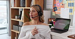 Happy woman, consultant and headset with laptop in home for remote work or online advice. Female person, freelancer or agent with computer for web service, virtual assistance or innovation in house