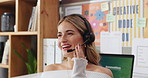 Happy woman, agent and headset with laptop in home for remote work or online advice. Female person, freelancer or consultant with computer for web service, virtual assistance or innovation in house