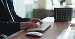 Keyboard, hands and businessman in office with typing for finance report with company budget. Technology, career and male financial manager working on investment proposal online in workplace.