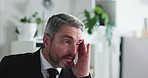 Computer, headache and stress with business man in office for burnout or problem solving solution. Brain fog, error and glitch with mature employee at work on pc for administration or report deadline
