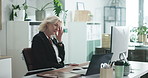 Brain fog, computer and stress with business woman in office for burnout or problem solving solution. Error, glitch and headache with mature employee at work on pc for administration deadline
