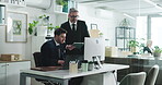 Computer, review and tablet with business people in office together for coaching or training. App, feedback and management with mentor speaking to employee in workplace for career development