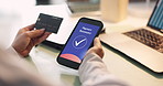 Hands, phone screen and payment with credit card, transaction or banking in office. Fintech, smartphone and person for online shopping, internet sales or notification icon for digital finance app