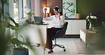 Dancing, employee and woman with headphones, home office and listen to music on break and streaming. Happy, freelancer or person with laptop for remote work, rhythm and subscription for entertainment