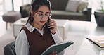 Tablet, phone call and business woman in living room for contact, consulting client and communication. Freelancer, remote work and person on tech for online schedule, b2c networking and planning