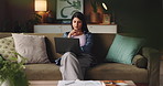 Thinking, remote work and woman on sofa with laptop for decision, solution and ideas for copywriting. Freelance, home and person on computer with inspiration, reading and editing for online review