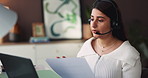 Home, headset and woman with document, talk or explaining services on laptop, online or remote work. Serious, freelancer and person with mic for communication, lead generation and paperwork with info