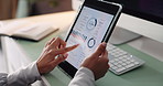 Business, hands and woman with tablet, graphs and financial agency with investment increase. Closeup, person and employee in office, fintech and charts for profit growth, stats and touchscreen tech