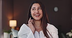 Woman, phone call and laugh at startup with conversation, excited and happy at interior design company. Person, smartphone and talk with smile for deal, proposal or networking at creative agency