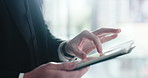 Hands, business and person reading on tablet for research, financial report and company budget. Man, digital and typing for email, schedule update and information for investment proposal of funding
