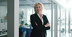 Mature lawyer, face and woman with smile in office for legal advice, corporate career and arms crossed. Portrait, employee and confidence at law firm for litigation management, justice and pride
