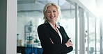 Lawyer, face and woman with smile in office for legal advice, corporate career and arms crossed. Professional, mature employee and confidence at law firm for litigation management, justice and pride
