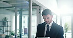 Walking, businessman and research on tablet, office or browse for investment opportunity on website. Online, investor and person with tech for financial report, scroll and review stock market updates