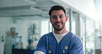 Happy man, face and nurse with confidence in hospital for healthcare development or service. Portrait, male person or health employee with smile or arms crossed for clinic assistance or support