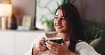 Happy woman, thinking and coffee on sofa in home with aroma, inspiration and relax in living room. Person, smile and perspective with memory, drink latte or beverage on couch in lounge at apartment