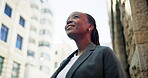 Thinking, corporate and black woman with smile in city for real estate, vision and urban development. Realtor, reflection and below with property choice, infrastructure and opportunity for expansion
