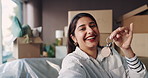 New home, video call and woman with keys, boxes and showing with real estate, influencer or mortgage. Live streaming, property owner or person with achievement, investment or moving in with recording