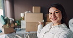 New home, video call and woman with smile, boxes and showing with real estate, influencer and talking. Live streaming, property owner and person with achievement, mortgage or moving in with recording