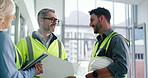 Business, construction site and people with teamwork, discussion and planning with lens flare. Conversation, men and woman with feedback, architecture or documents with engineering and cooperation