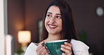 Happy, thinking and woman with coffee in home with inspiration, daydreaming and satisfaction. Morning, aroma and thoughtful person with drink, beverage and relax for wellness, peace and calm in house