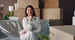 New home, face and woman with boxes for moving to house, property and rental apartment. Homeowner, portrait and person with cardboard packaging for furniture, relocation and real estate purchase