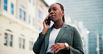Business, black woman and talk with phone call in city for discussion, travel and finance consultant. Person, mobile and conversation with contact feedback, financial negotiation and chat for commute