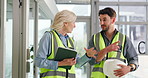 Building, civil engineer and people with tablet, planning and discussion for renovation and talking. Pointing, woman and man with project for property development, chat and teamwork for architecture