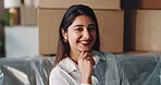 Face, woman and boxes with smile on sofa for new house for packing with furniture. Female person, ownership and relocation with portrait for moving in, property and real estate for rent or mortgage