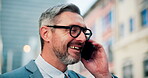 Business, man and smile with phone call in city for discussion, travel and finance consultant. Mature person, mobile and conversation with contact feedback, financial negotiation and chat for commute