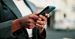 Phone, typing and hands of business woman in office for attorney email, legal advice and contact. Communication, court report and networking with person outdoor for case feedback and text message
